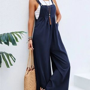 Boho sleeveless long length overall jumpsuit Navy Blue Small.